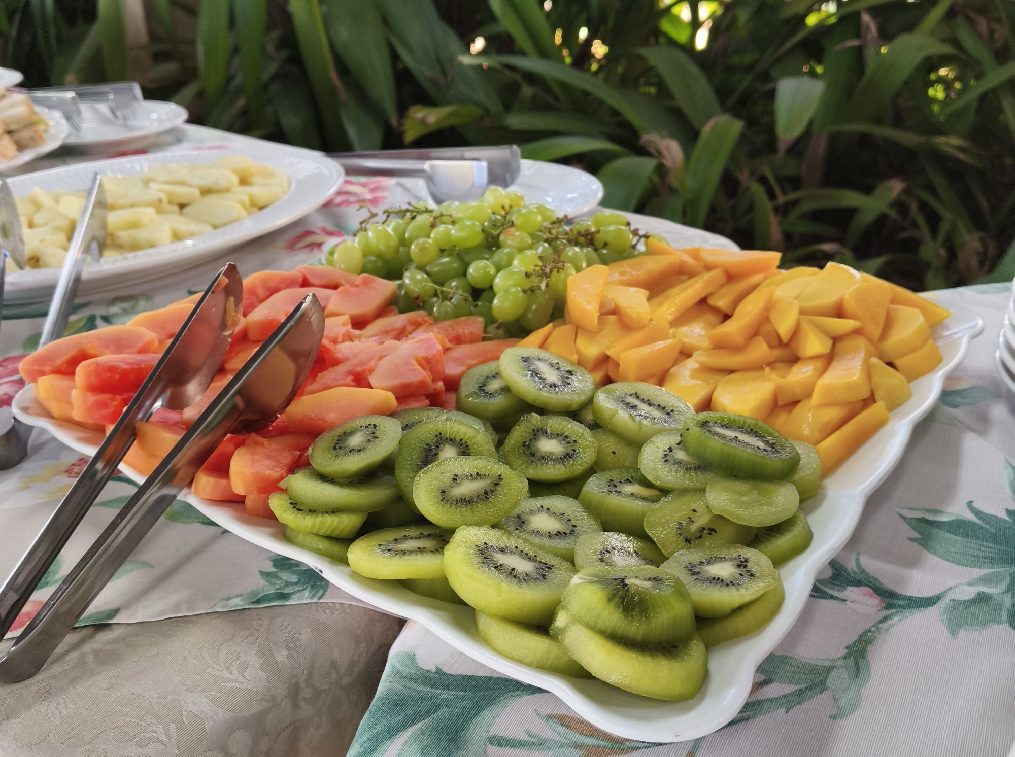 Travessa de frutas frescas com mamão, uva, manga e kiwi